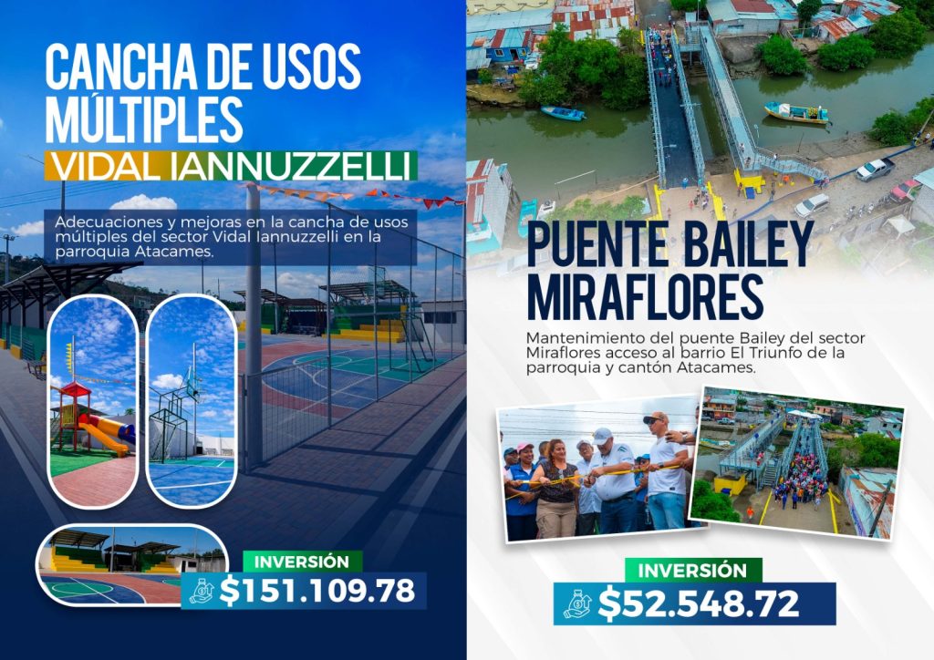 Adecuaciones de la cancha de usos múltiples del sector Vidal Iannuzzelli, parroquia Atacames, con 151.109,78 dólares, y mantenimiento del puente Bailey del sector Miraflores, acceso al barrio El Triunfo, con 52.548,72 dólares.
