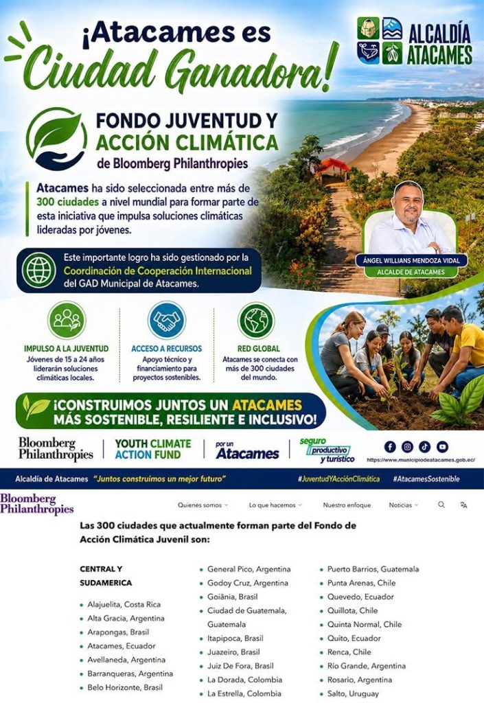 Afiche de la convocatoria del Fondo Juvenil y Acción Climática de Bloomberg Philanthropies en Atacames