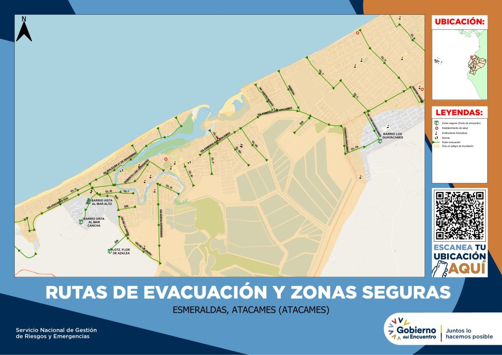 Mapa de rutas de evacuación y zonas seguras de la parroquia Atacames, con áreas en peligro de inundación, sirenas y puntos de encuentro