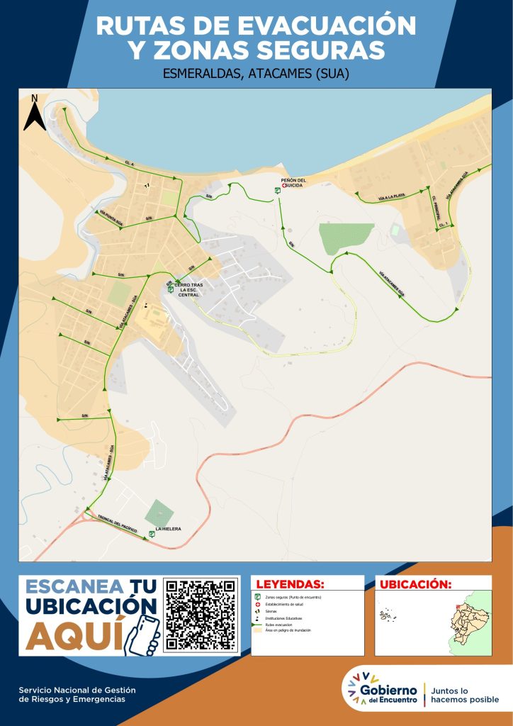 Mapa de rutas de evacuación y zonas seguras de la parroquia Súa, con áreas en peligro de inundación, sirenas y puntos de encuentro