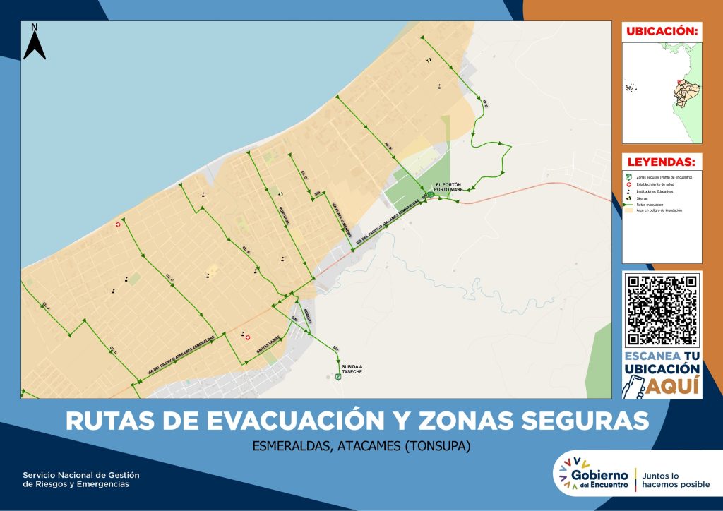 Mapa de rutas de evacuación y zonas seguras de la parroquia Tonsupa, con áreas en peligro de inundación, sirenas y puntos de encuentro