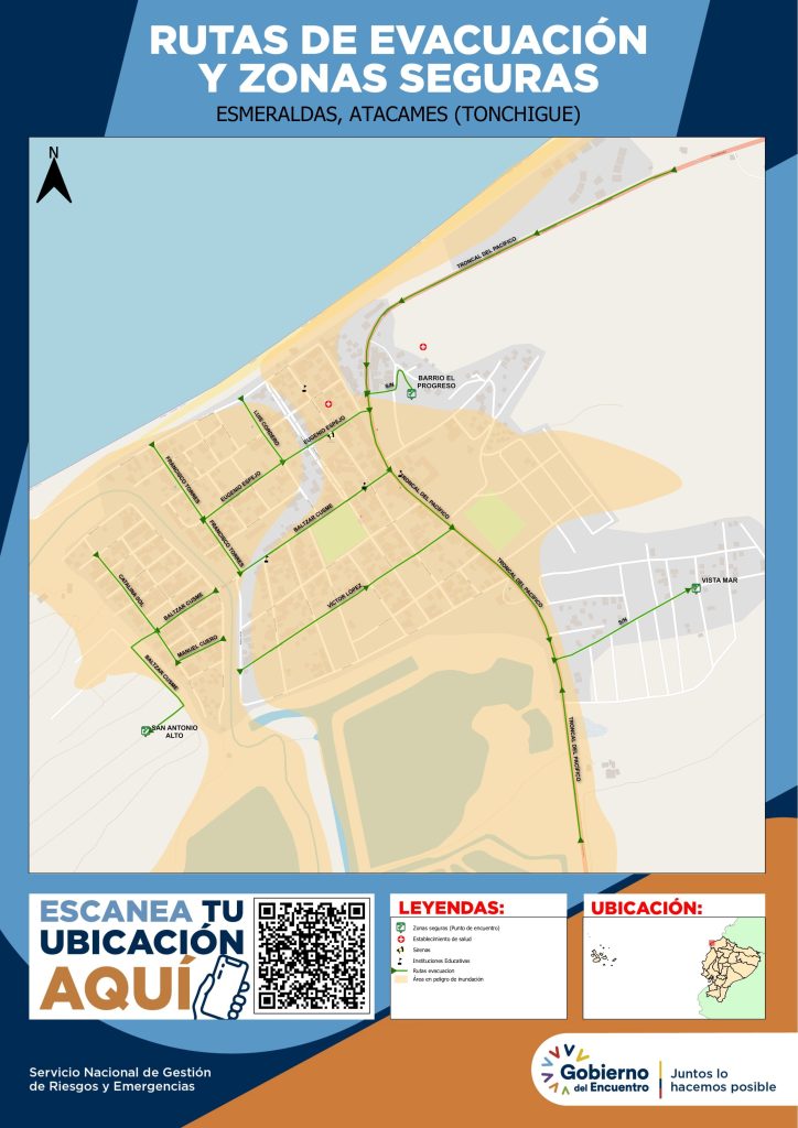 Mapa de rutas de evacuación y zonas seguras de la parroquia Tonchigüe, con áreas en peligro de inundación, sirenas y puntos de encuentro